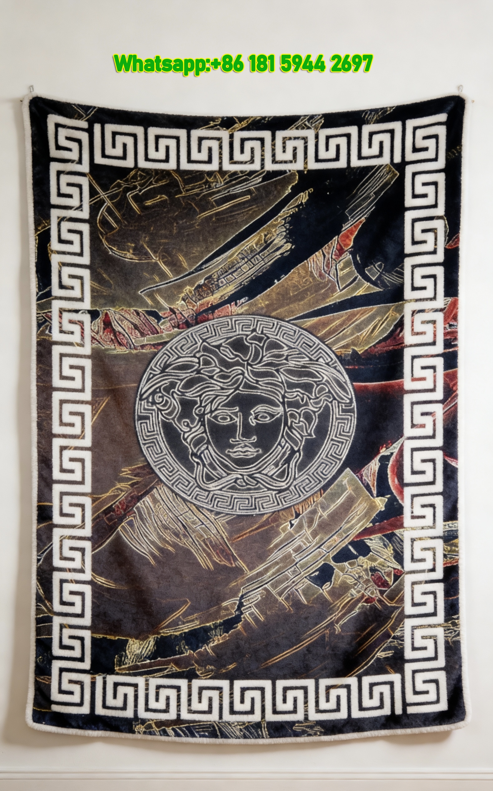 Versice Dark Multicolor Greek Key Medallion Print Flannel Throw Blanket IMG_1471